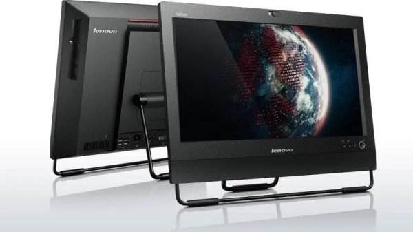 Front and rear view of Lenovo ThinkCentre All-in-One PC with 20-inch display and integrated components